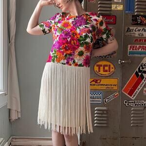 Vintage 70s Floral Fringe Dress | Mod Ivory Tassel Shift Dress | Size L
